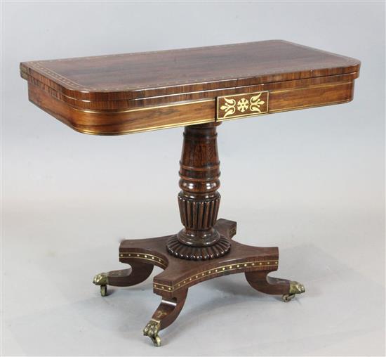A Regency brass inset rosewood card table, W.3ft D.1ft 6in. H.2ft 5in.